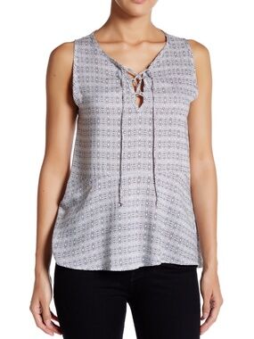 14th & Union Tank Blouse S Blue White Lace Up Neck Hi Low Sleeveless NWT